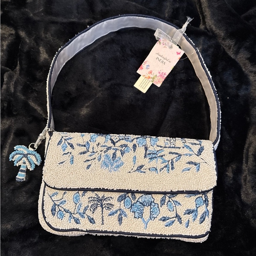 Embroidered Beaded Shoulder Bag in Blue and Cream